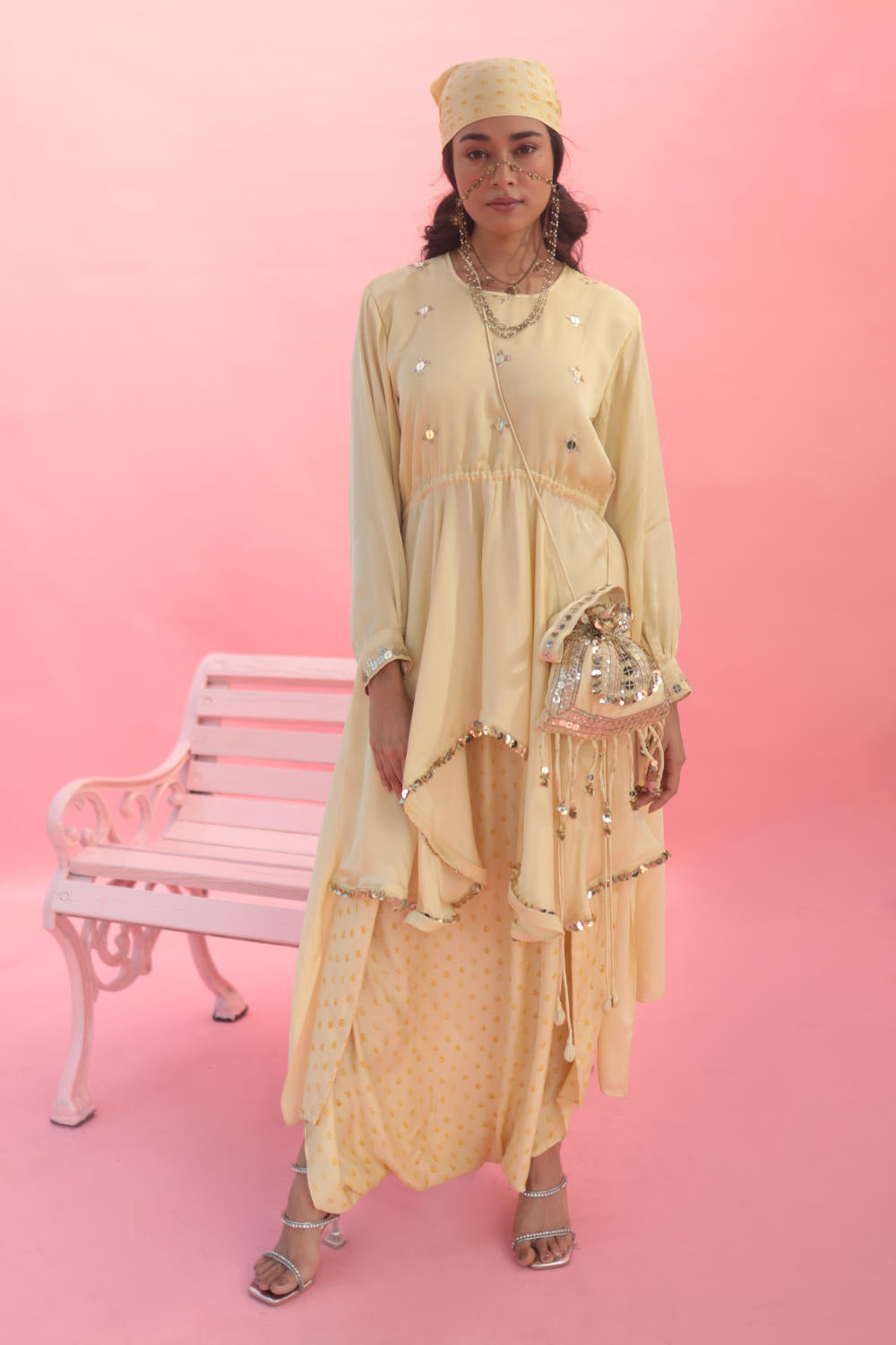 Saakura Yellow Indowestern Top with Dhoti Skirt