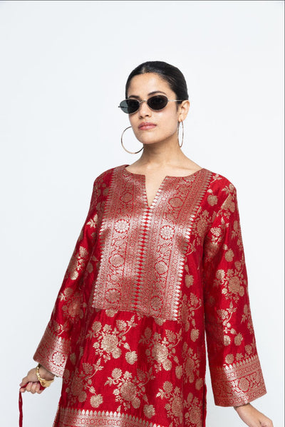 Gul - Floral Brocade kurta with Dhot - Red
