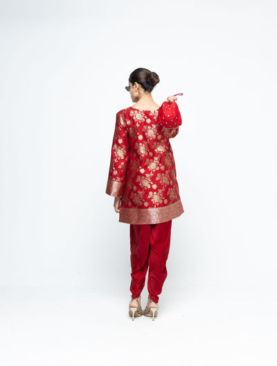 Gul - Floral Brocade kurta with Dhot - Red