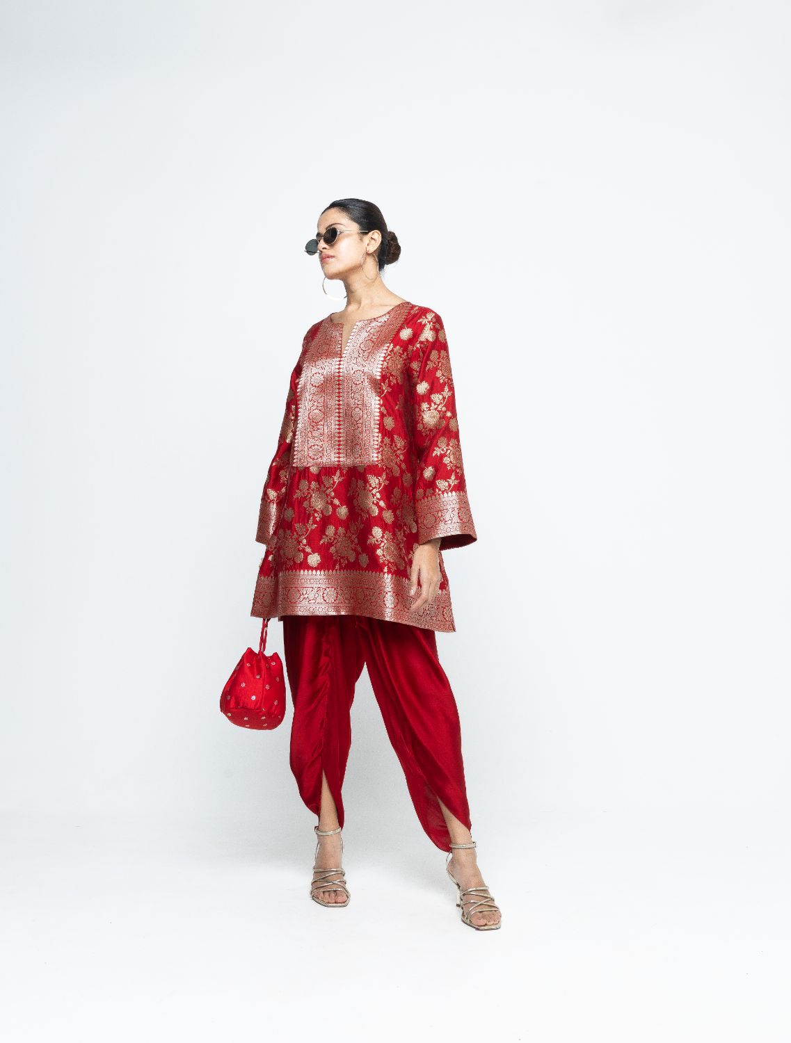 Gul - Floral Brocade kurta with Dhot - Red