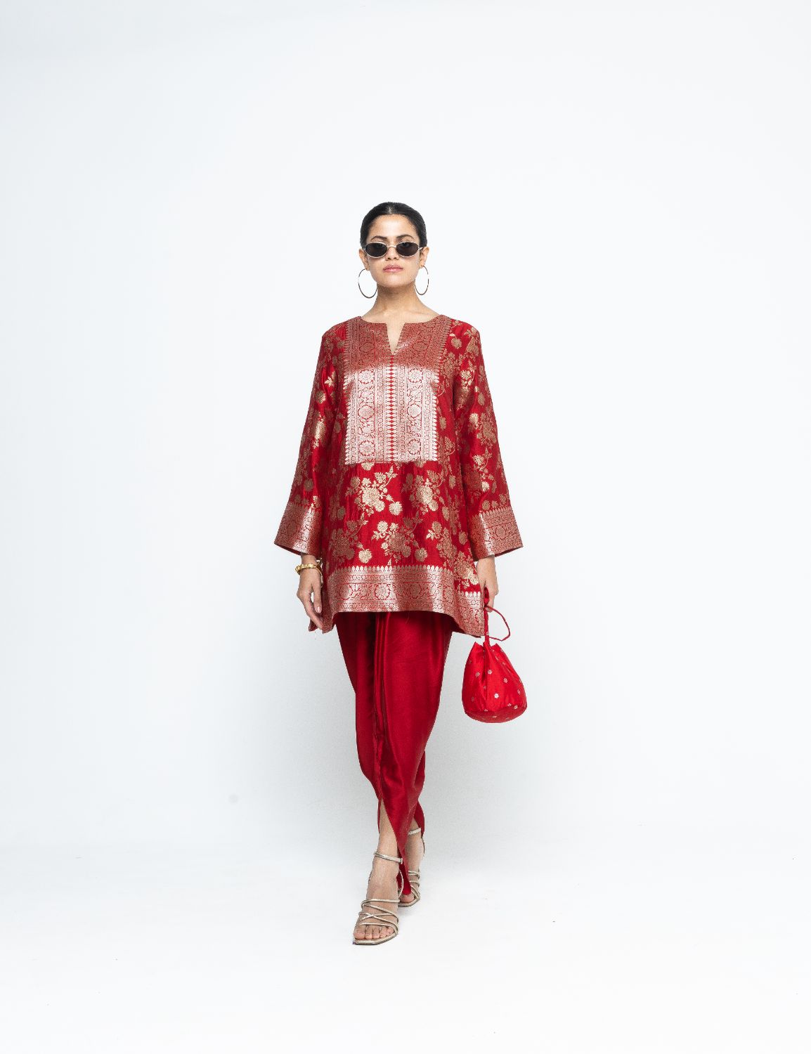 Gul - Floral Brocade kurta with Dhot - Red