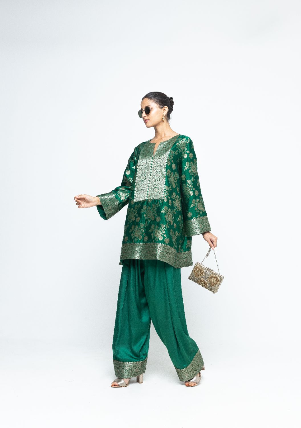 Gul - Floral Brocade kurta with Farshi Salwar - Green
