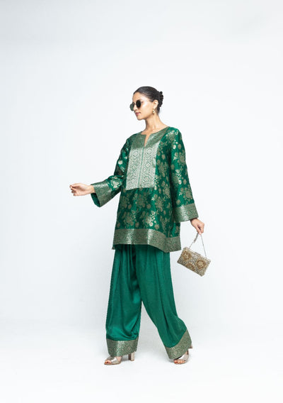 Gul - Floral Brocade kurta with Farshi Salwar - Green