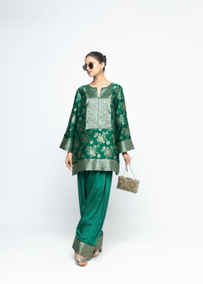 Gul - Floral Brocade kurta with Farshi Salwar - Green