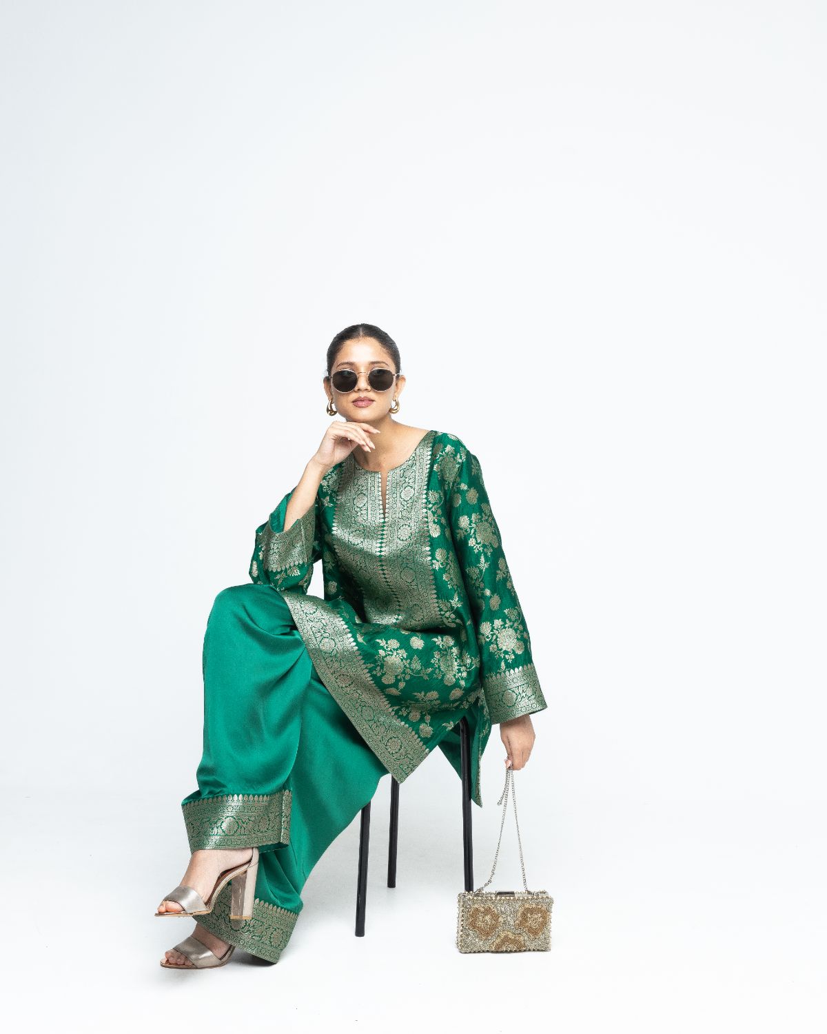 Gul - Floral Brocade kurta with Farshi Salwar - Green