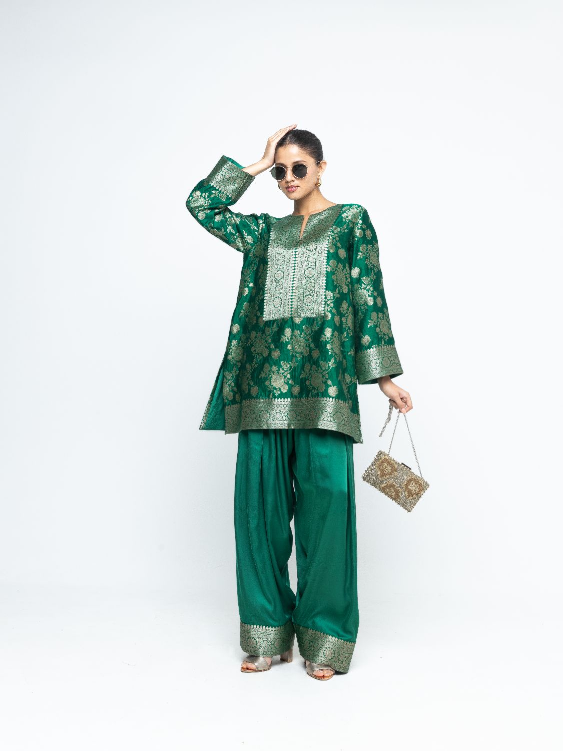 Gul - Floral Brocade kurta with Farshi Salwar - Green
