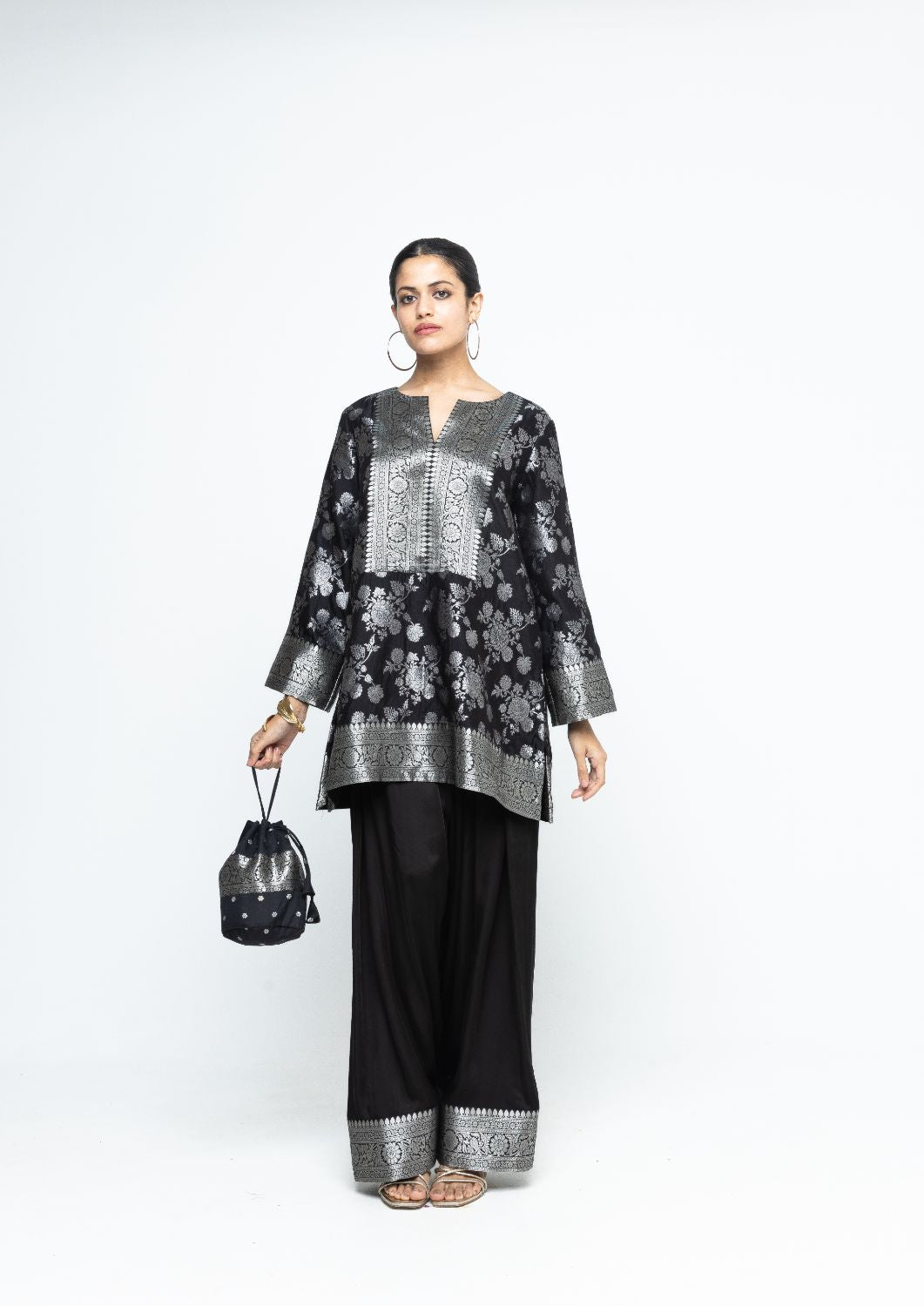 Gul - Floral Brocade kurta with Farshi Salwar - Black