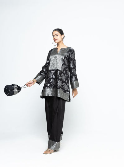Gul - Floral Brocade kurta with Farshi Salwar - Black