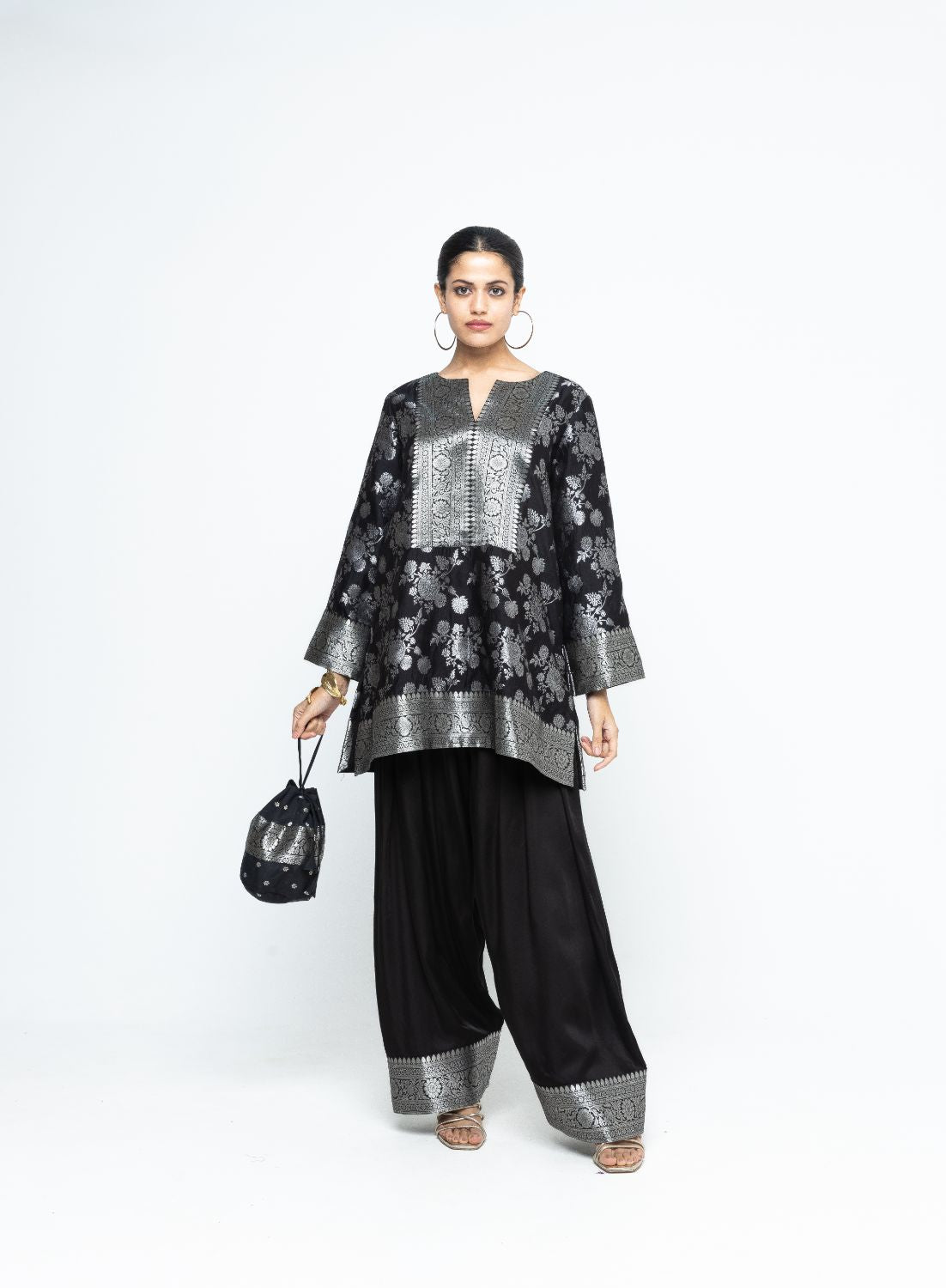 Gul - Floral Brocade kurta with Farshi Salwar - Black