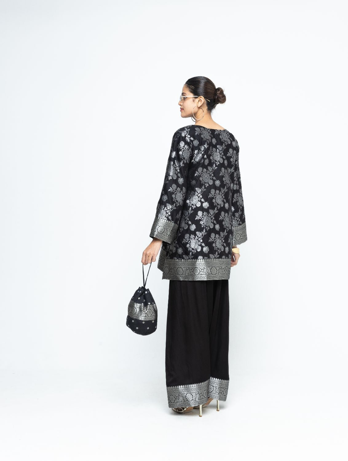 Gul - Floral Brocade kurta with Farshi Salwar - Black