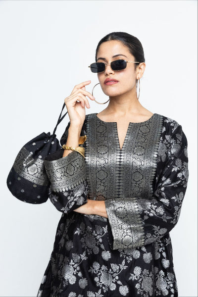 Gul - Floral Brocade kurta with Farshi Salwar - Black