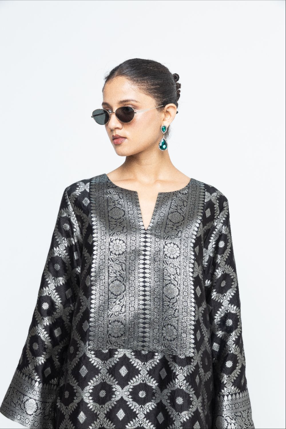 Heera - Brocade Jaal Kurta with Pants - Black