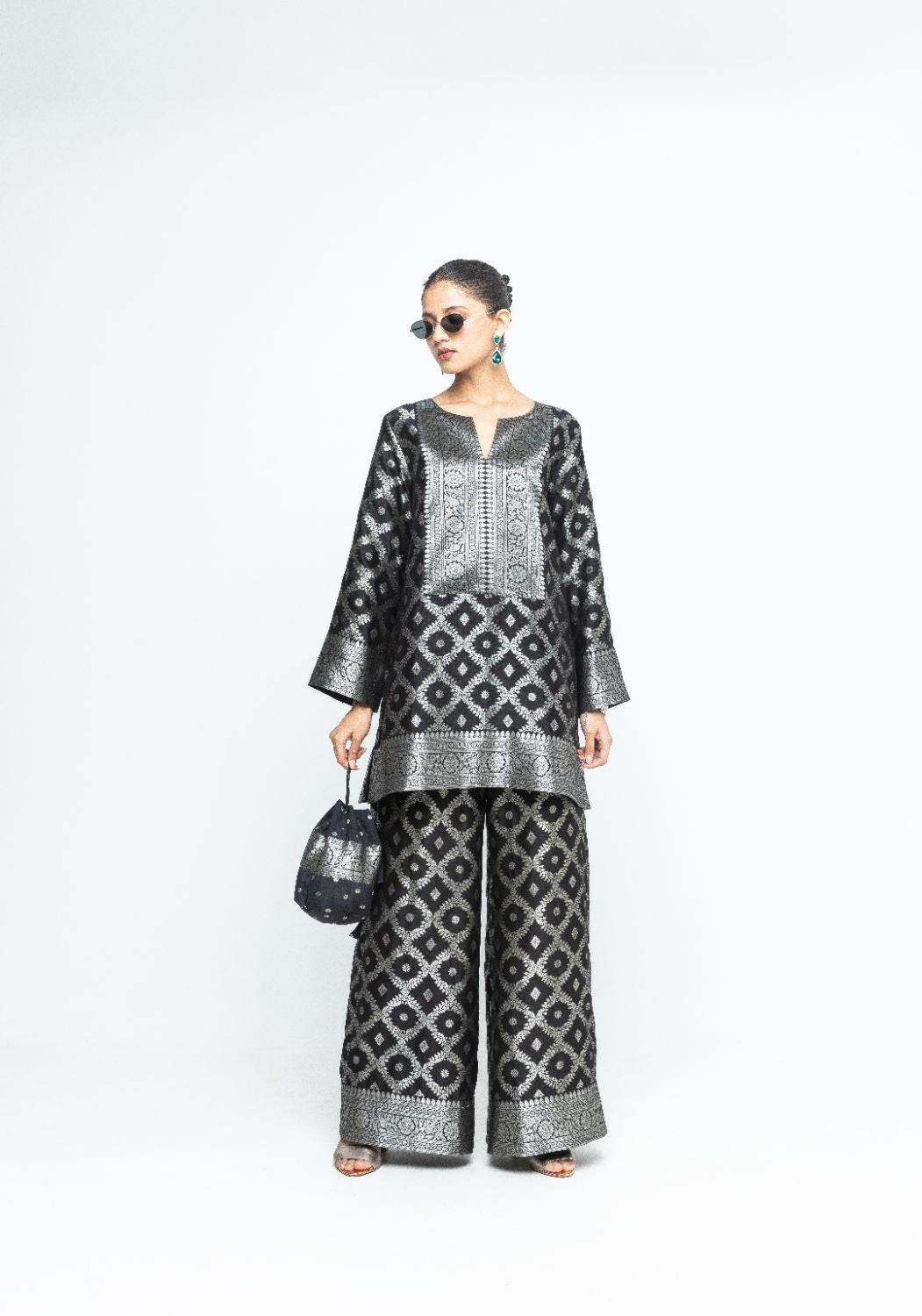 Heera - Brocade Jaal Kurta with Pants - Black