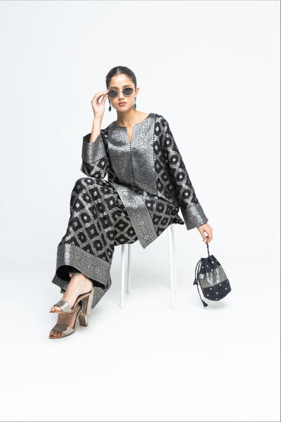 Heera - Brocade Jaal Kurta with Pants - Black
