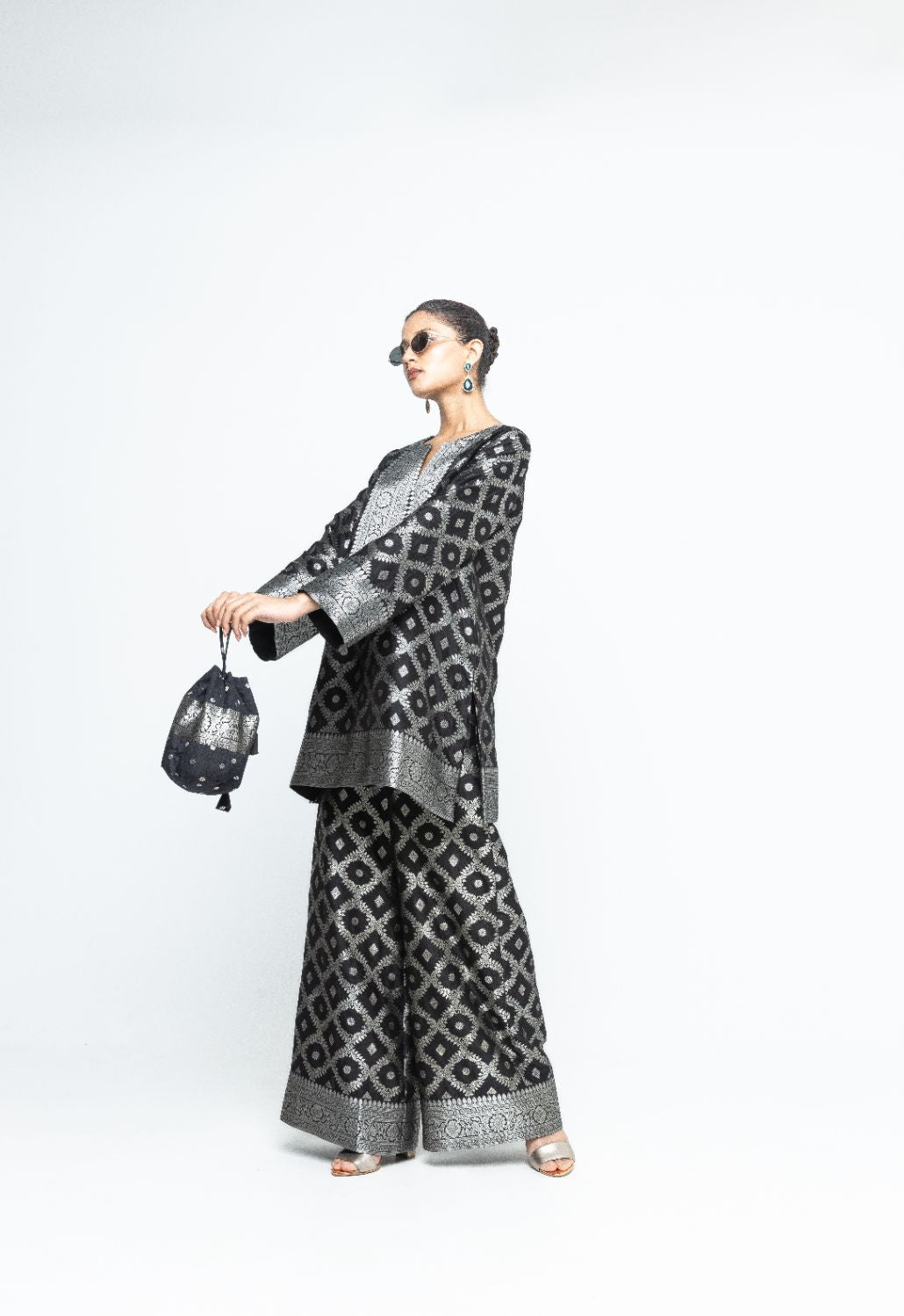 Heera - Brocade Jaal Kurta with Pants - Black