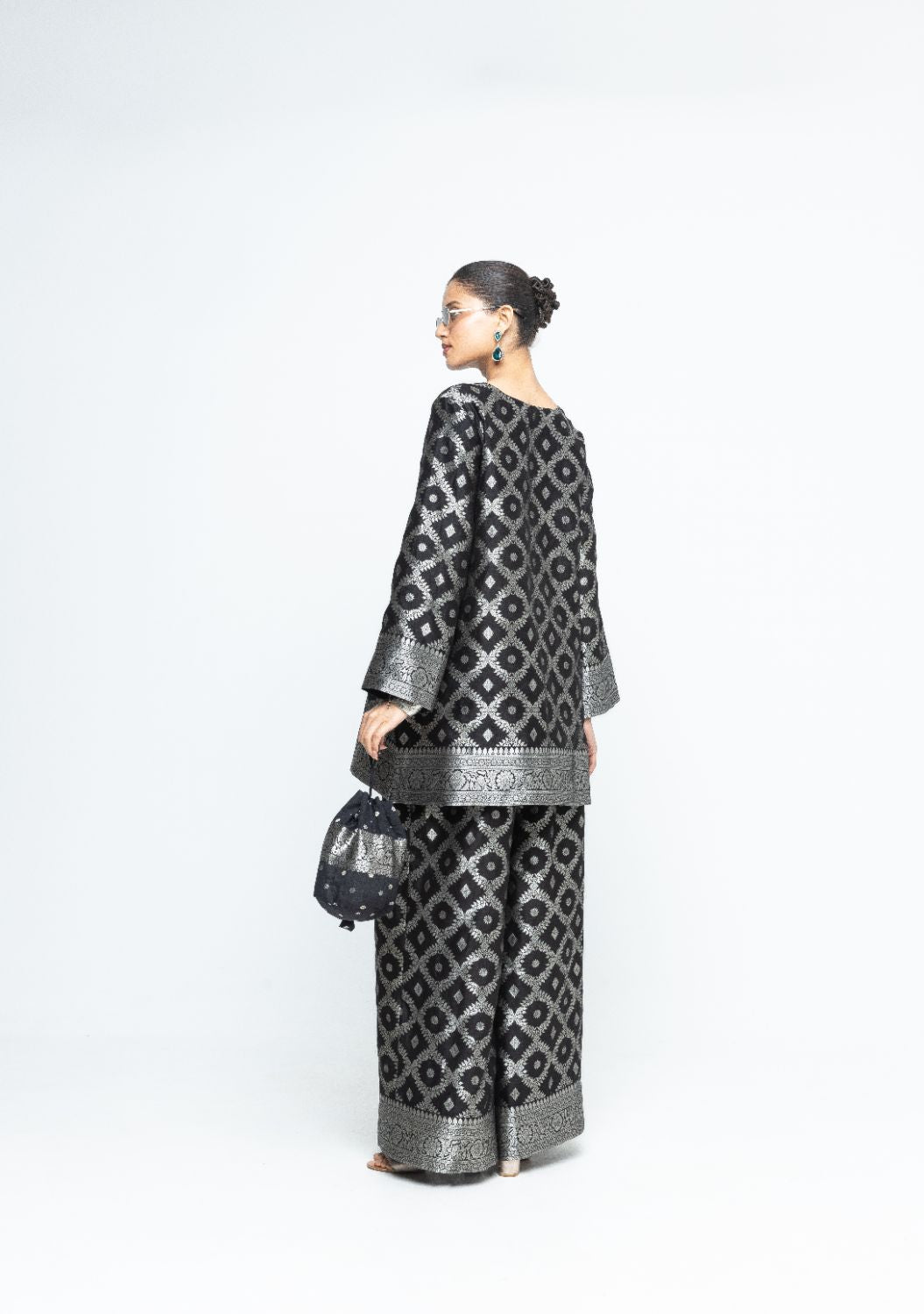 Heera - Brocade Jaal Kurta with Pants - Black