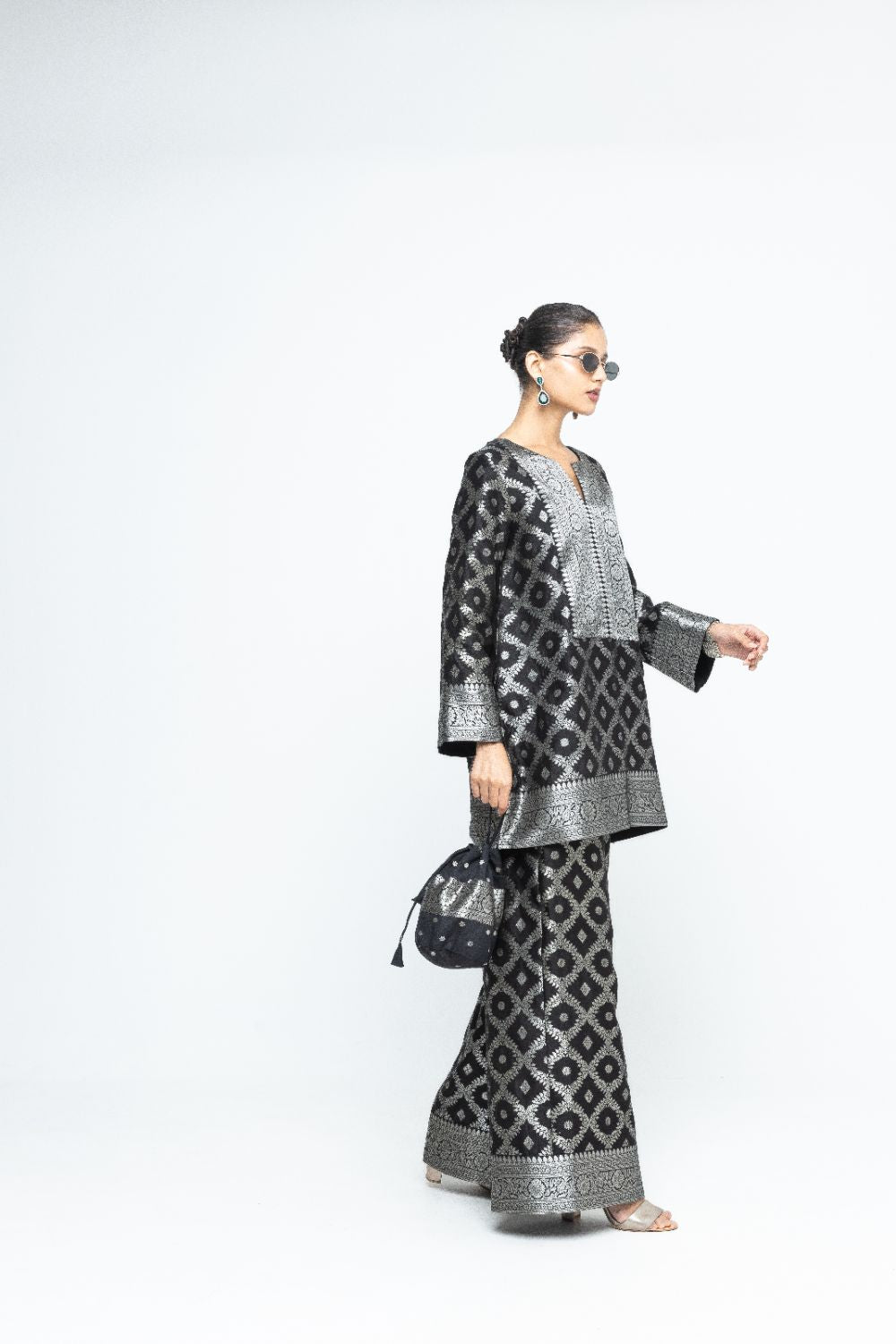 Heera - Brocade Jaal Kurta with Pants - Black