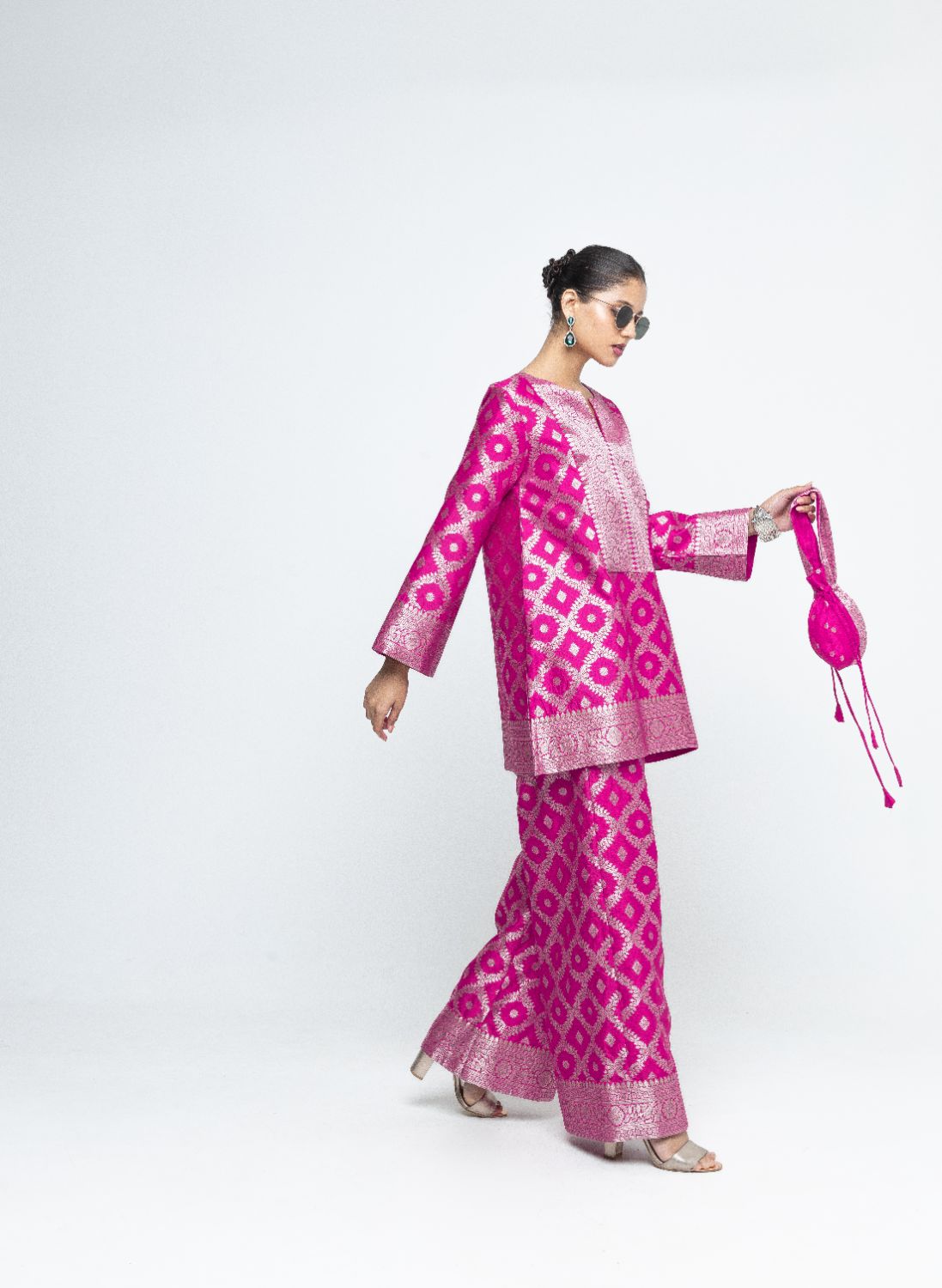 Heera - Brocade Jaal Kurta with Pants - Pink