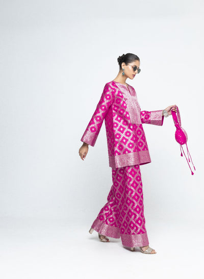 Heera - Brocade Jaal Kurta with Pants - Pink