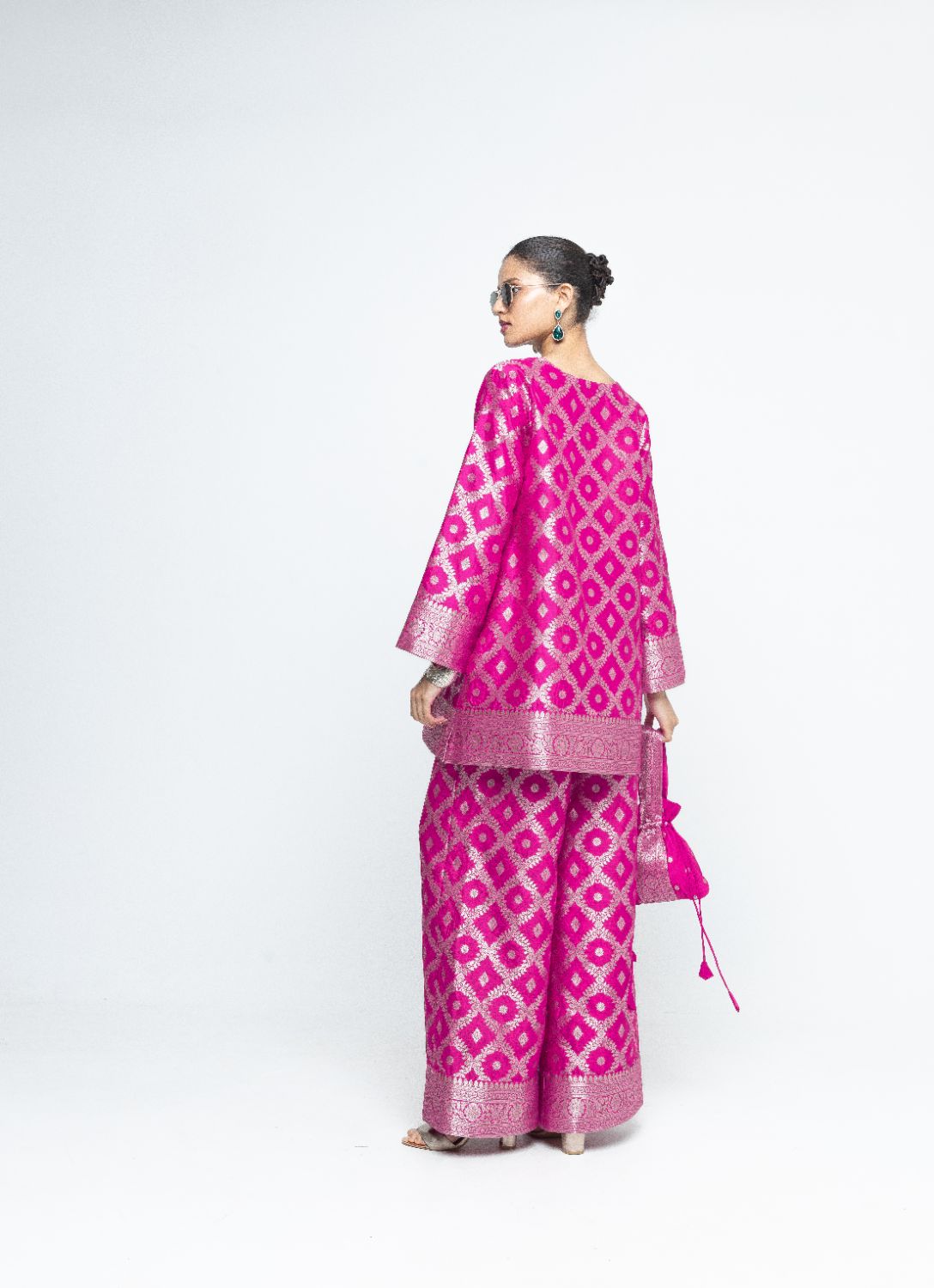 Heera - Brocade Jaal Kurta with Pants - Pink