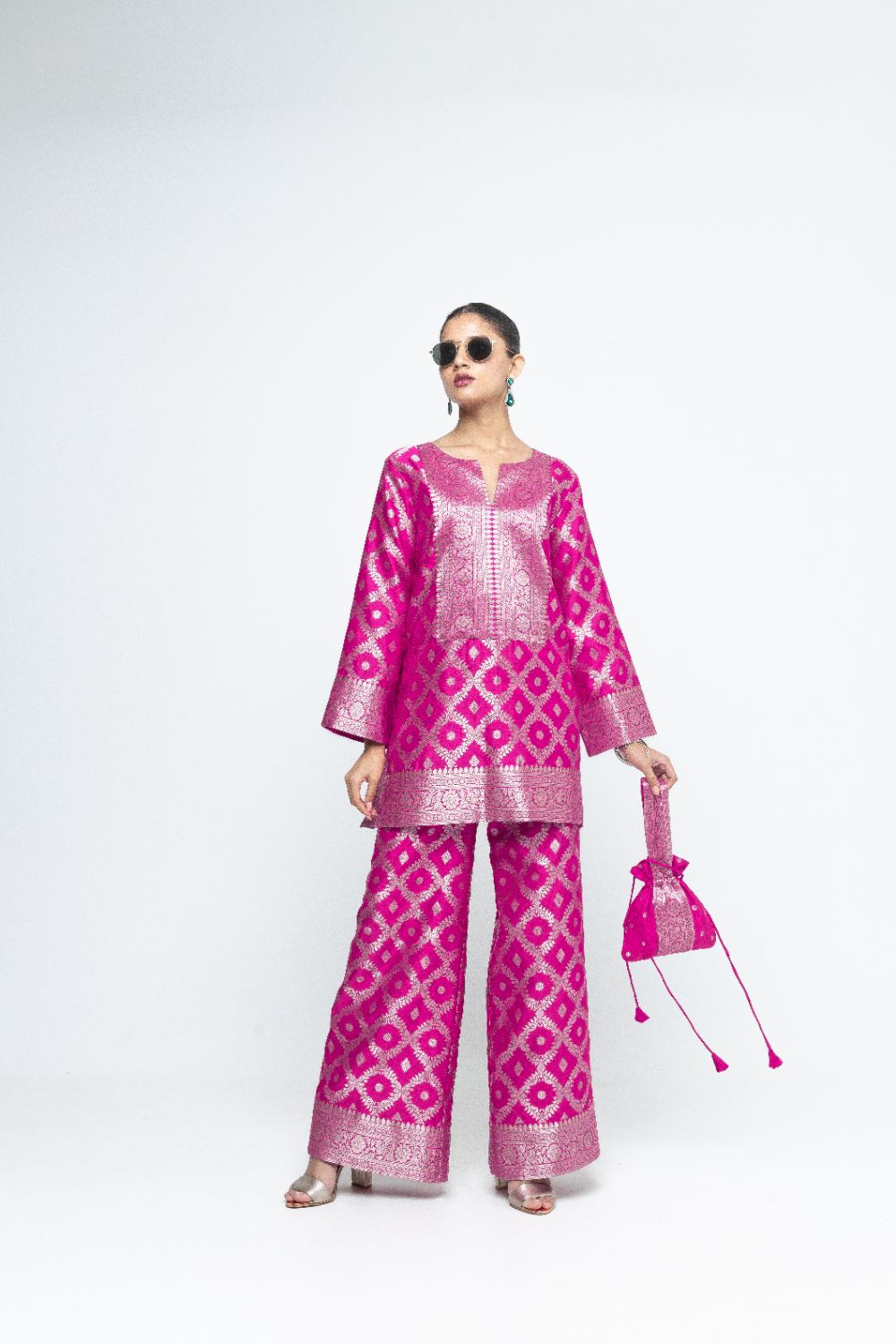 Heera - Brocade Jaal Kurta with Pants - Pink
