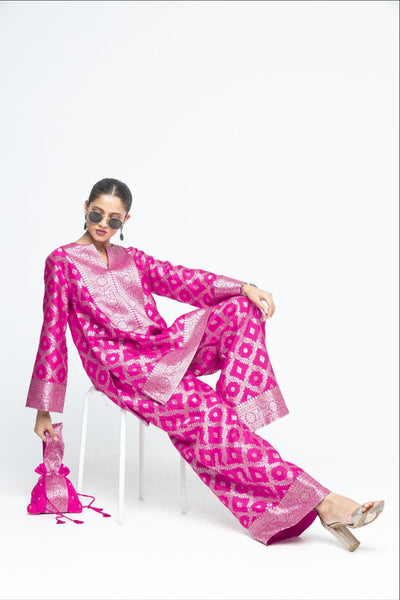 Heera - Brocade Jaal Kurta with Pants - Pink