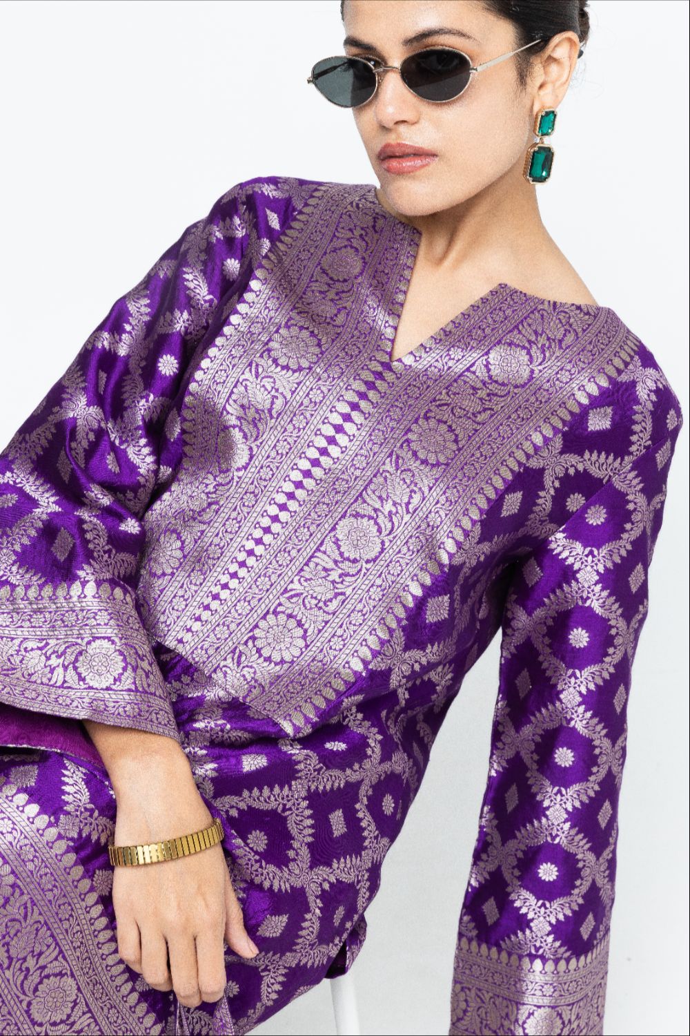Heera - Brocade Jaal Kurta with Pants - Purple