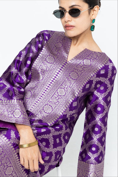 Heera - Brocade Jaal Kurta with Pants - Purple