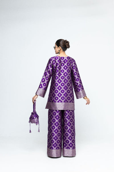 Heera - Brocade Jaal Kurta with Pants - Purple