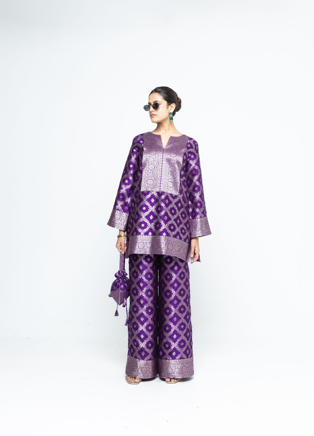 Heera - Brocade Jaal Kurta with Pants - Purple