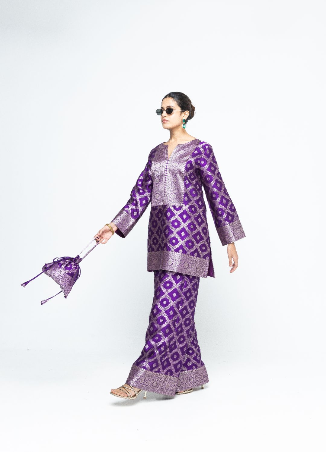 Heera - Brocade Jaal Kurta with Pants - Purple