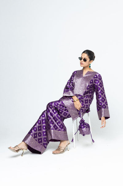 Heera - Brocade Jaal Kurta with Pants - Purple
