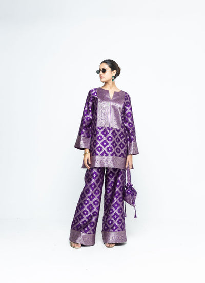 Heera - Brocade Jaal Kurta with Pants - Purple