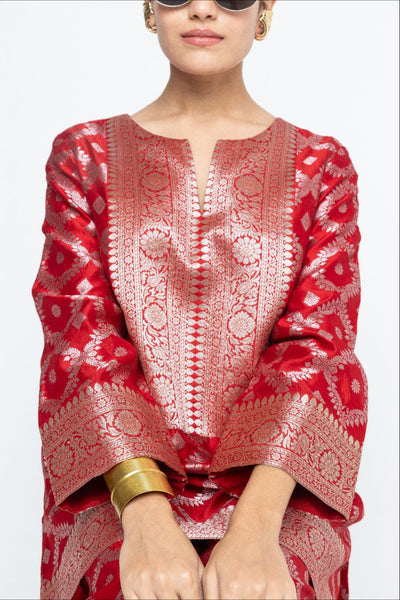 Heera - Brocade Jaal Kurta with Pants - Red