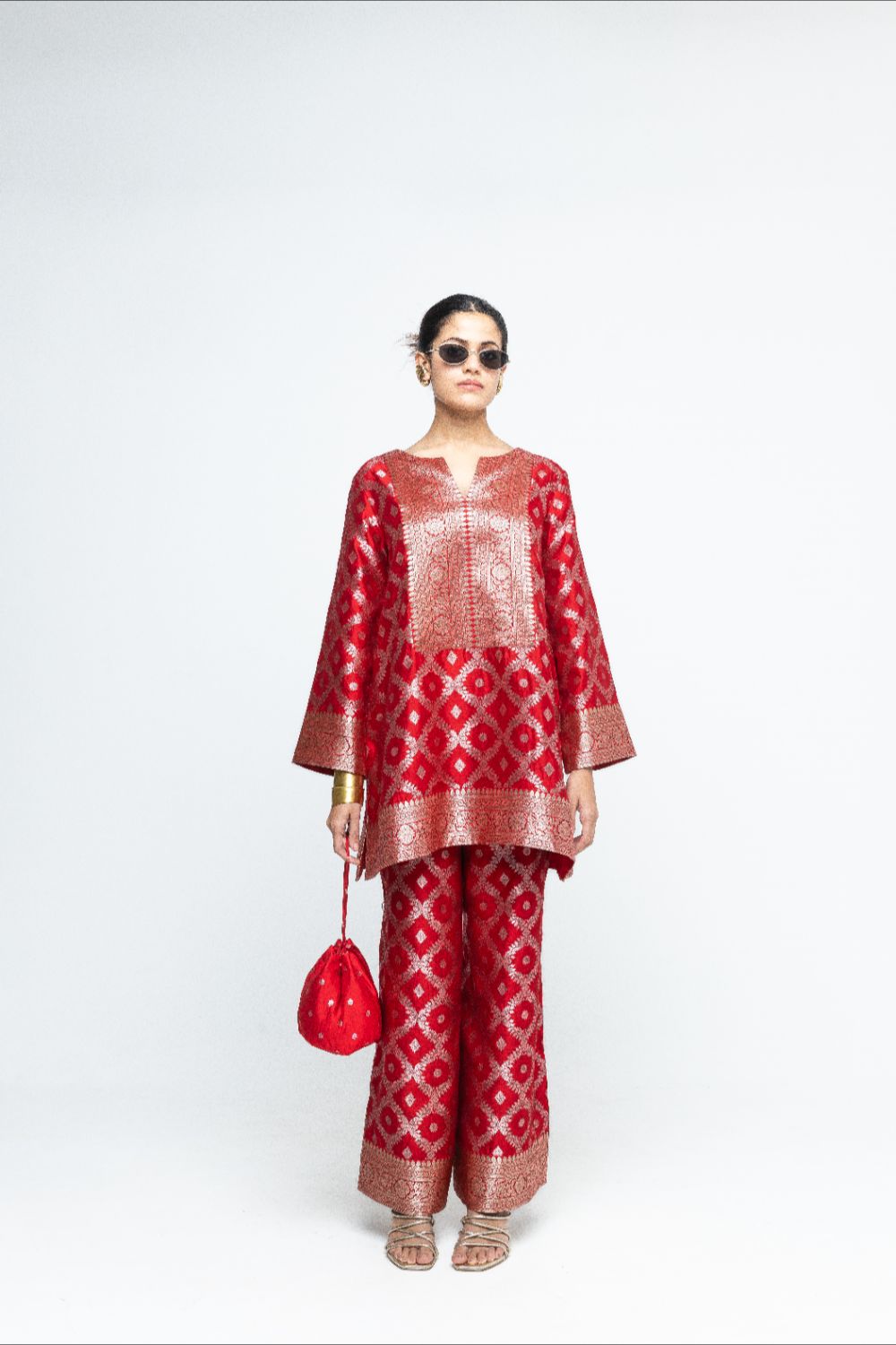 Heera - Brocade Jaal Kurta with Pants - Red