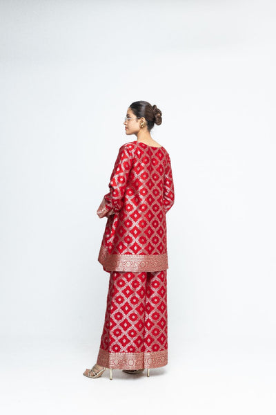 Heera - Brocade Jaal Kurta with Pants - Red