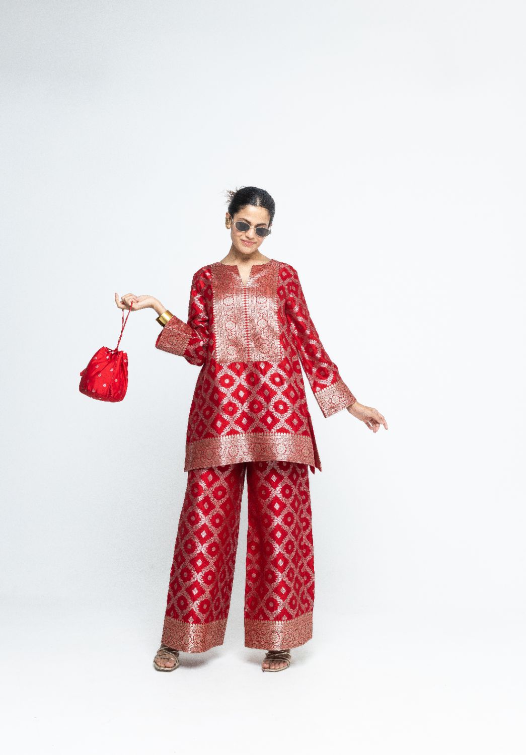 Heera - Brocade Jaal Kurta with Pants - Red