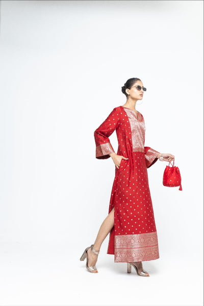 Nats - Statement Silk Kaftan with Brocade detail - Red