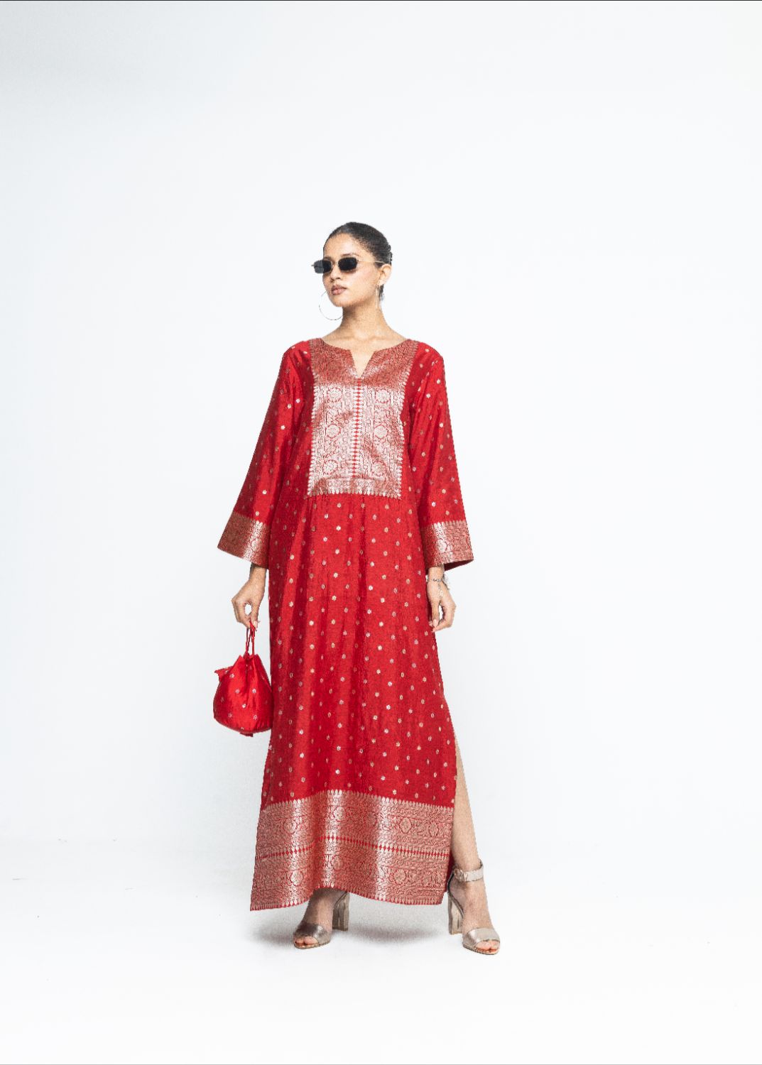 Nats - Statement Silk Kaftan with Brocade detail - Red