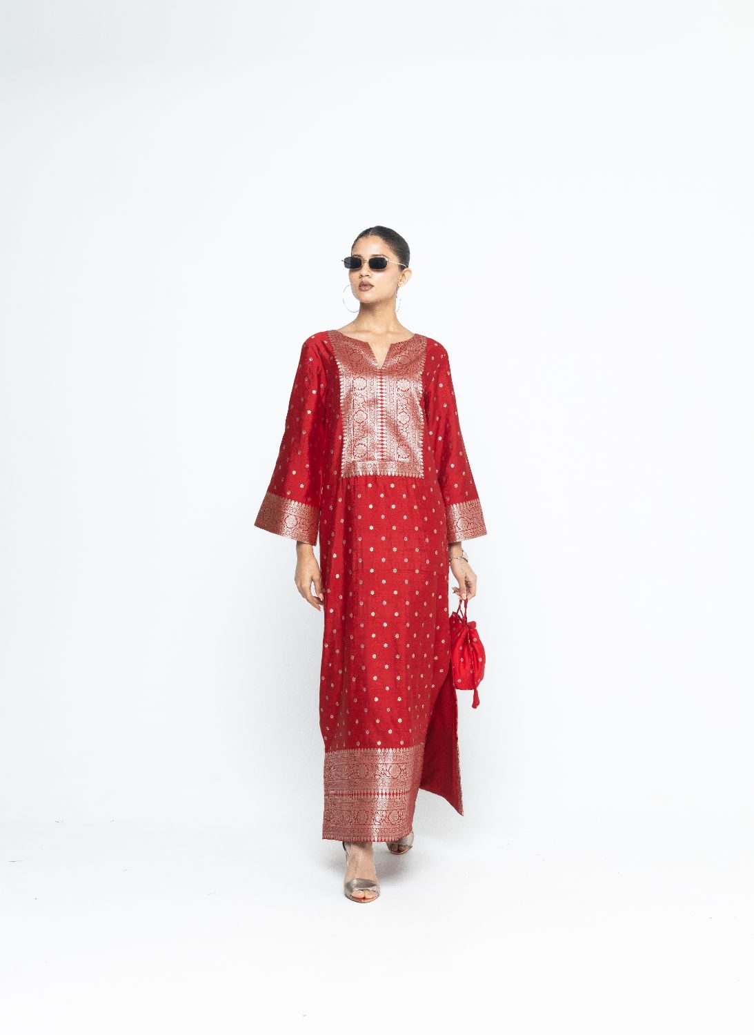 Nats - Statement Silk Kaftan with Brocade detail - Red