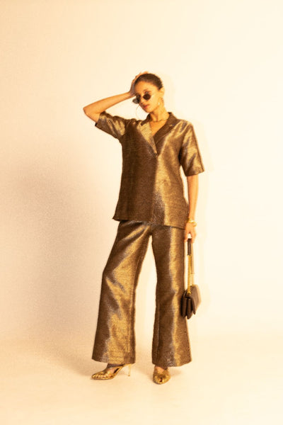 Metallic Brown Wrap Blazer Set - Gold Brown