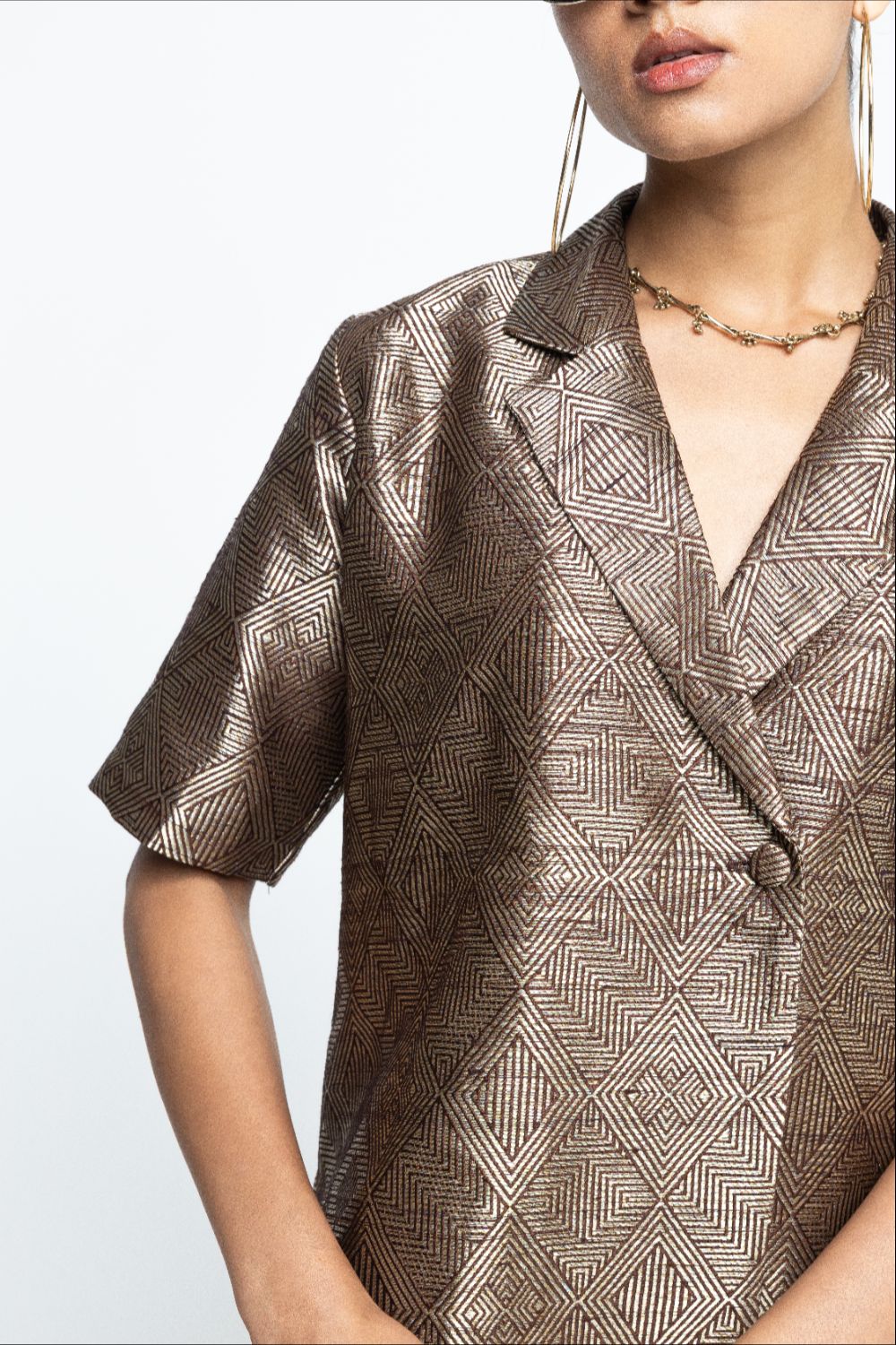 Metallic Brown Wrap Blazer Set - Gold Brown