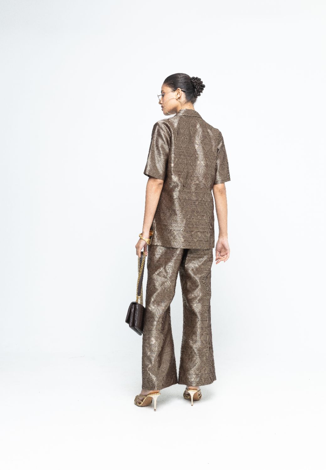 Metallic Brown Wrap Blazer Set - Gold Brown