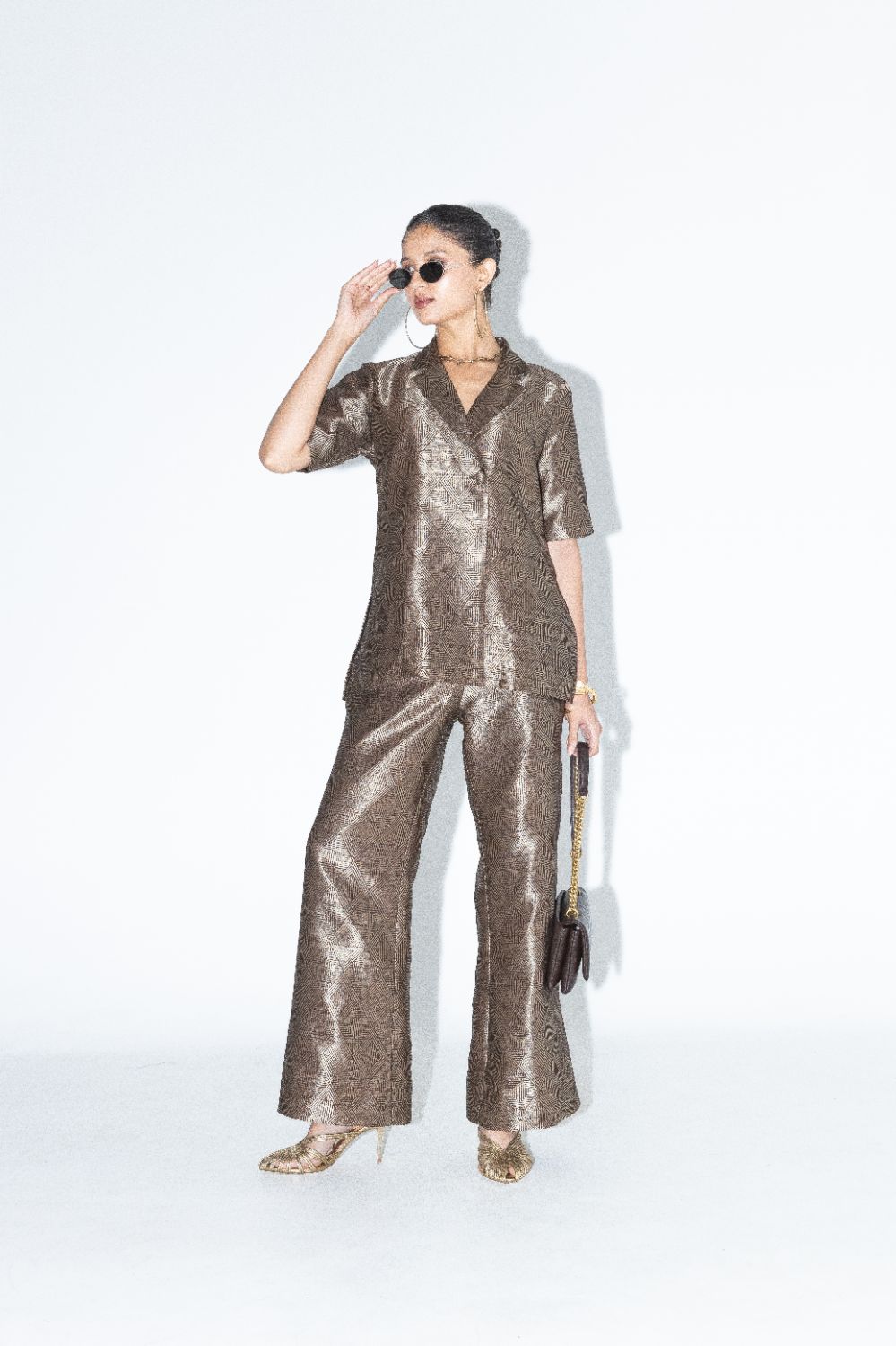 Metallic Brown Wrap Blazer Set - Gold Brown