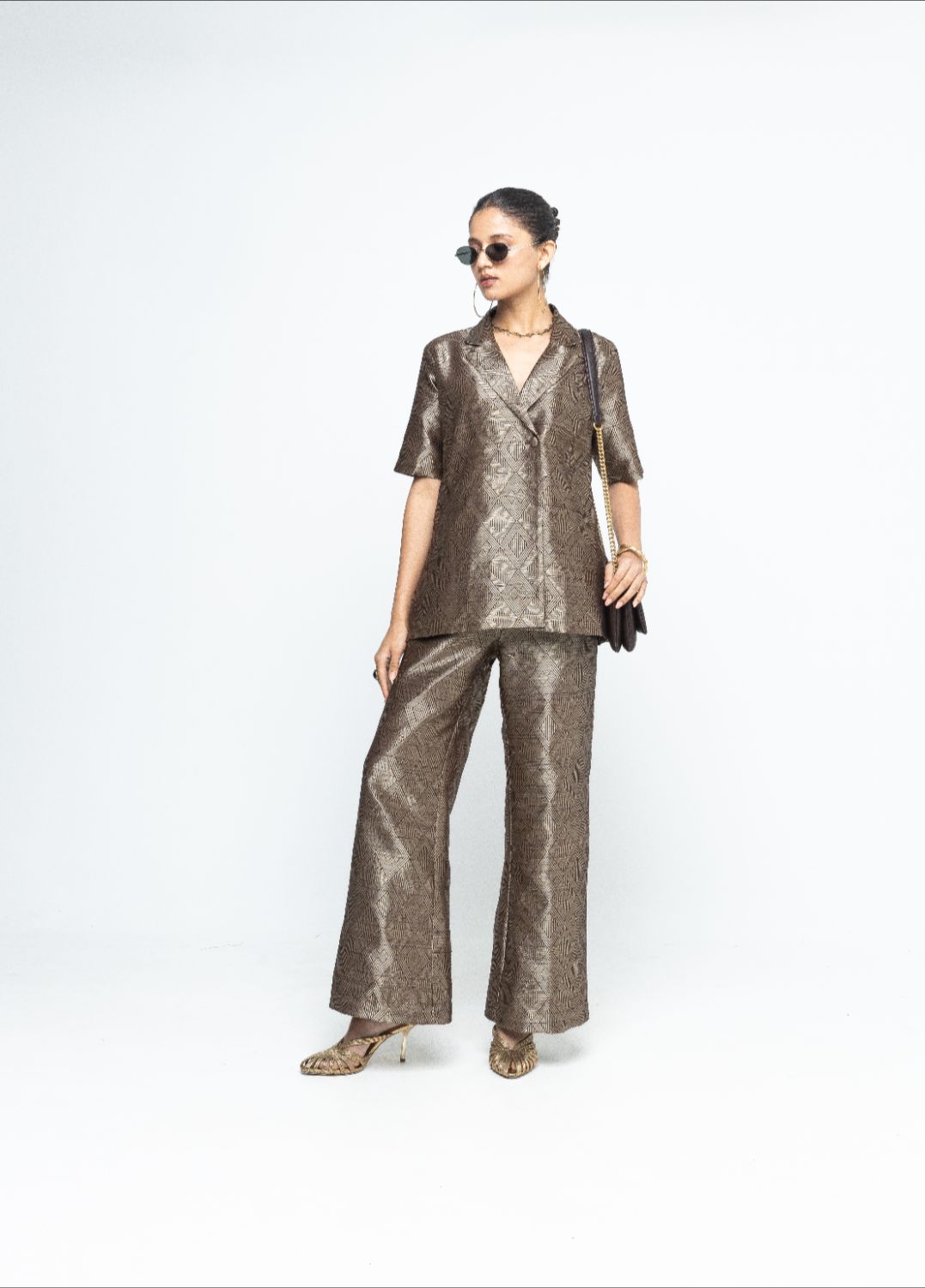 Metallic Brown Wrap Blazer Set - Gold Brown