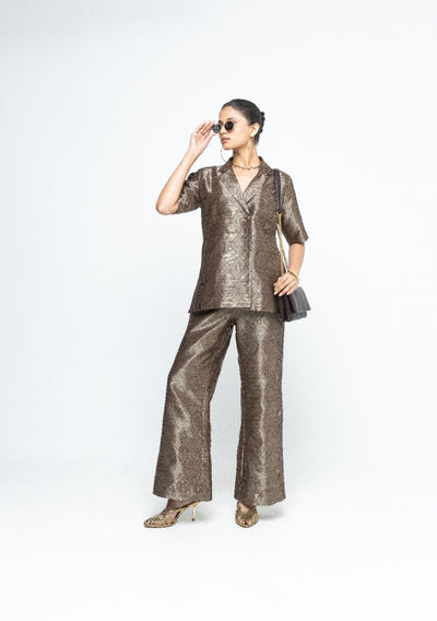 Metallic Brown Wrap Blazer Set - Gold Brown