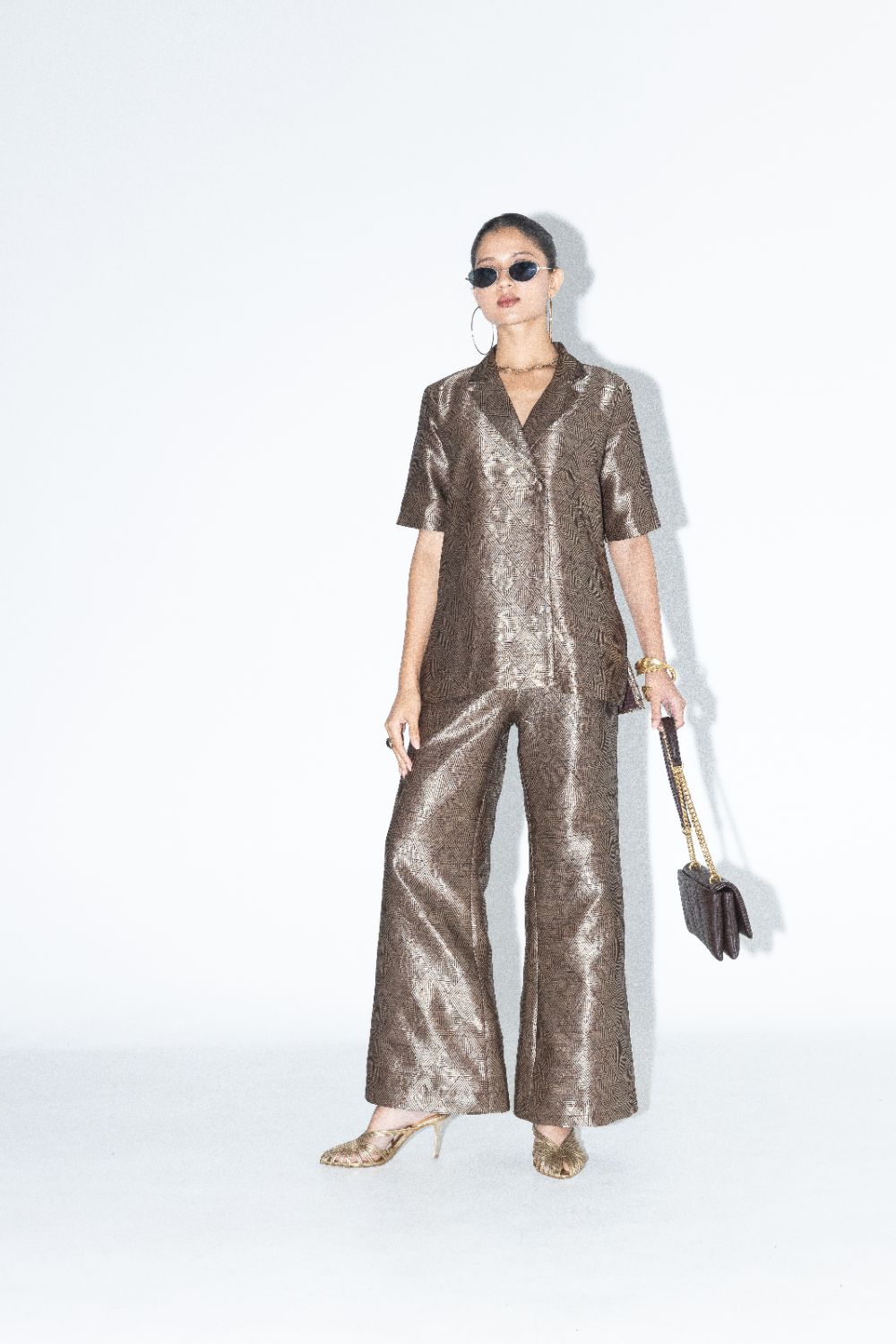 Metallic Brown Wrap Blazer Set - Gold Brown