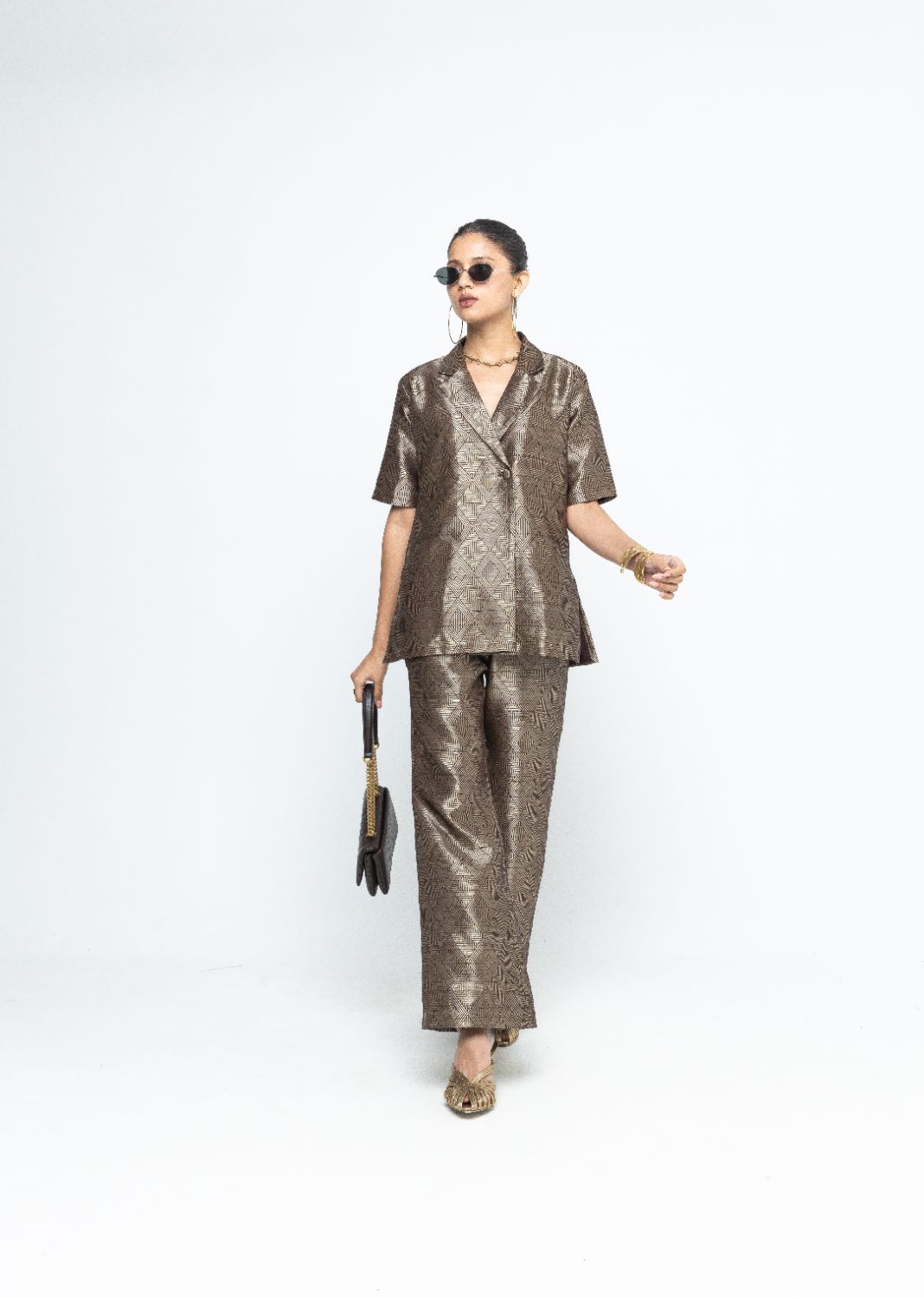 Metallic Brown Wrap Blazer Set - Gold Brown