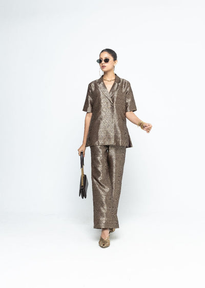 Metallic Brown Wrap Blazer Set - Gold Brown