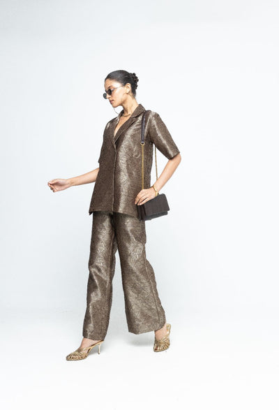 Metallic Brown Wrap Blazer Set - Gold Brown